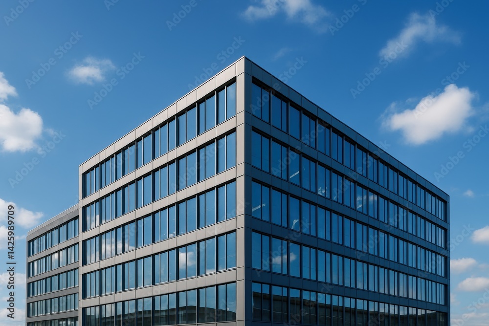 Modern Office Building Exterior with Glass Windows Under Clear Blue Sky, Showcasing Contemporary Architecture and Urban Design. Modern Office Building Exterior with Glass Windows Under Clear Blue Sky, Showcasing Contemporary Architecture and Urban Design.