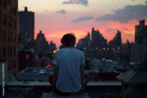 Obraz na płótnie Teenager sitting alone on a rooftop at sunset. Generative AI w salonie
