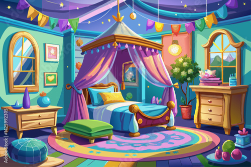 vector of Children's bedroom for girls, decoration for girls, canopy bed, realistic 3D interior, decoration, trend, architect, design, fashion, comfortable, colorful, fun