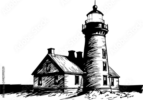 Lighthouse illumination coastal scene illustration vintage design black and white nautical concept