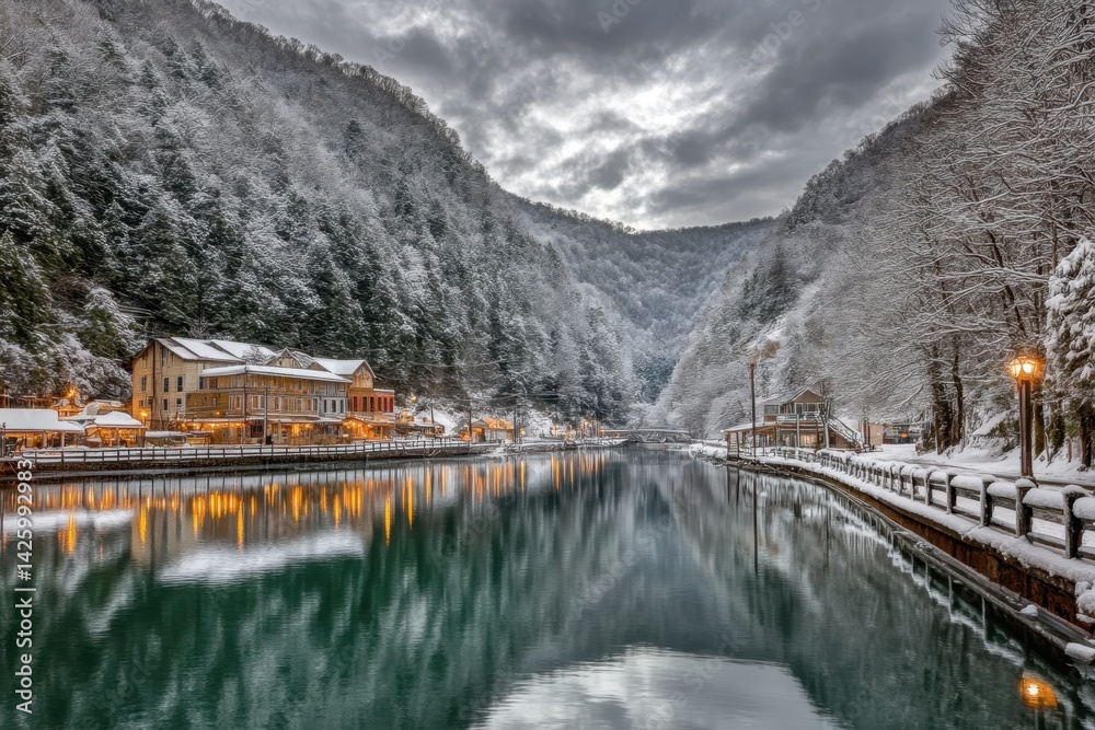 Fototapeta premium Snowy valley reflecting on calm water