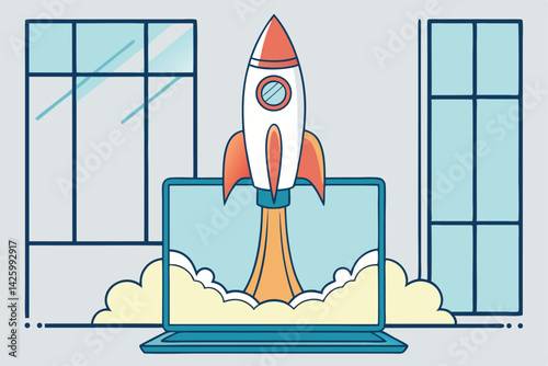 Rocket Launching from Laptop Futuristic Startup Concept vector
