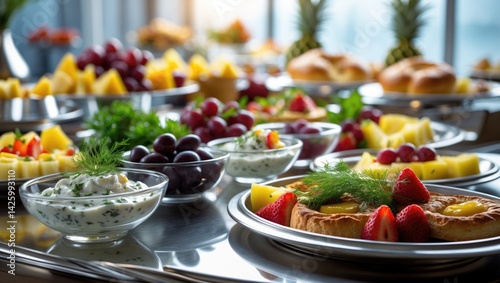 Self-serve breakfast buffet including dips, toppings, olives, and cream served for breakfast