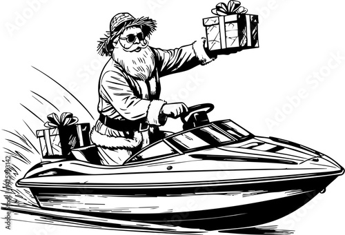 Santa claus delivers summer joy on jet ski coastal beach graphic illustration fun environment whimsical viewpoint christmas in july