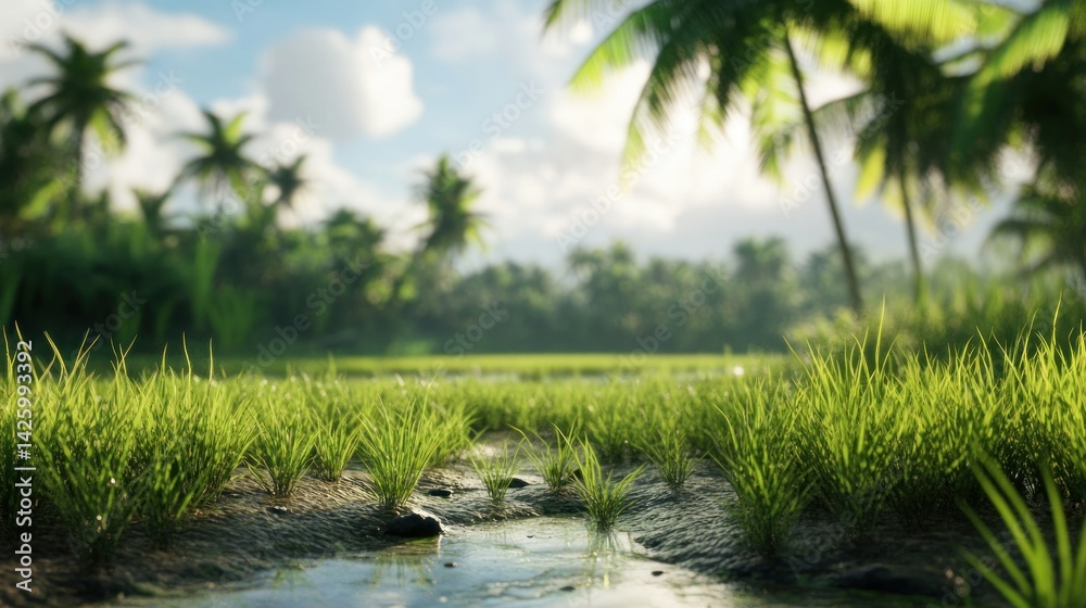 Rice plants with lush coconut trees in the background Rice plants with lush coconut trees in the background