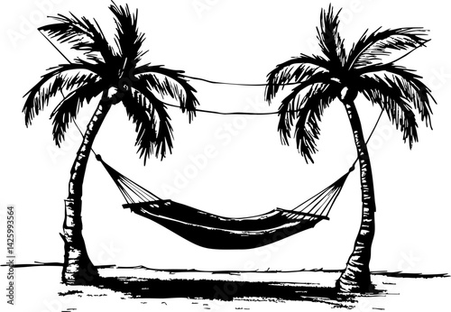 Relaxing hammock under palm trees tropical beach illustration summer vibes aesthetic beach getaway concept