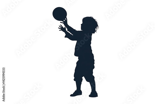 Clean vector silhouette of a child in motion with ball, dynamic pose, white background