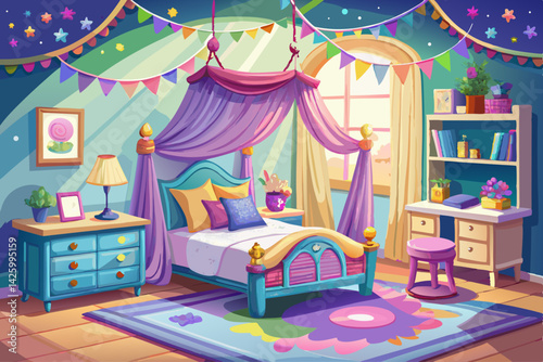 vector of Children's bedroom for girls, decoration for girls, canopy bed, realistic 3D interior, decoration, trend, architect, design, fashion, comfortable, colorful, fun