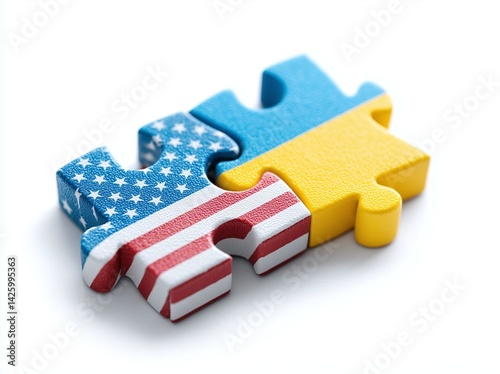 Puzzle pieces textured with united states and ukraine flags joining together, symbolizing cooperation and partnership between countries