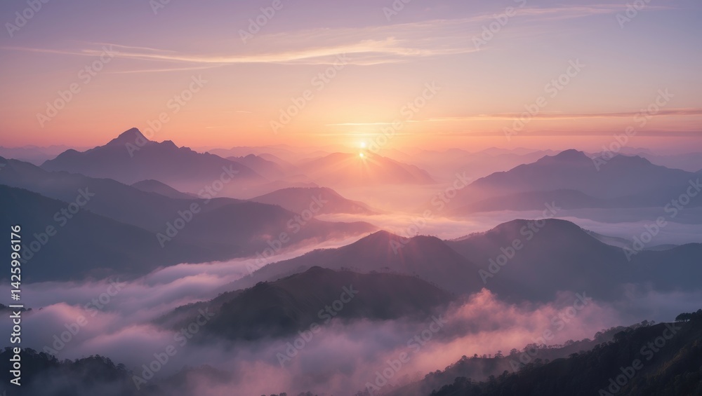 Fototapeta premium Experience the serenity of a peaceful sunrise illuminating misty mountain valleys with golden light