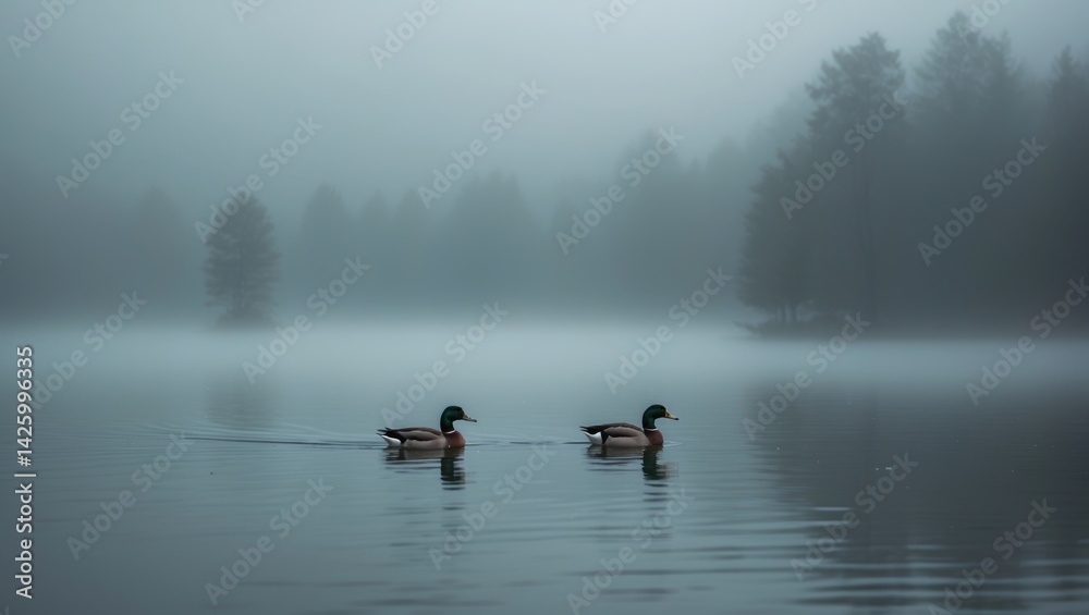 Naklejka premium Serene morning scene of two ducks swimming on a foggy lake with natural landscape and moody atmosphere