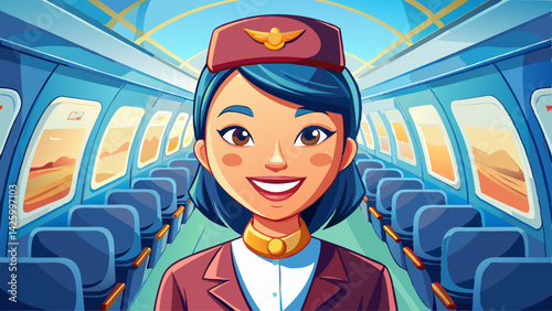 Asian flight attendant posing with smile inside aircraft for welcoming passenger on board with seat on the background for airline travel usage 