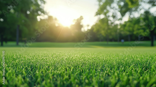 beautiful morning on golf course with lush green grass illuminated by warm sunlight, creating serene and peaceful atmosphere