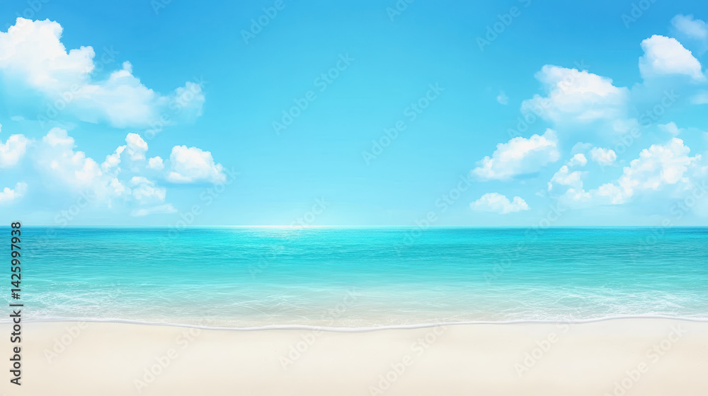 A picturesque beach scene featuring a bright blue sky and fluffy white clouds overlooking crystal clear waters A picturesque beach scene featuring a bright blue sky and fluffy white clouds overlooking crystal clear waters