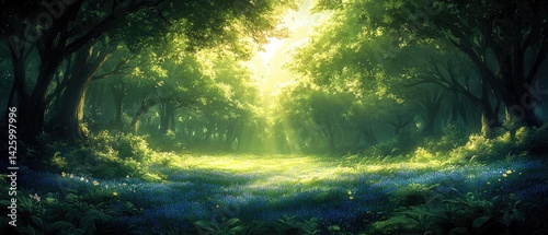 Forest scene with trees and sunlight shining through the leaves.