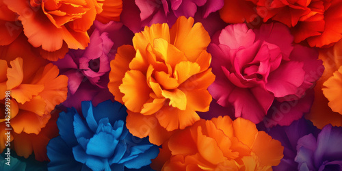 Vibrant multicolor flowers create stunning visual display, showcasing fine details and rich textures. bright hues of orange, pink, and blue evoke sense of joy and celebration