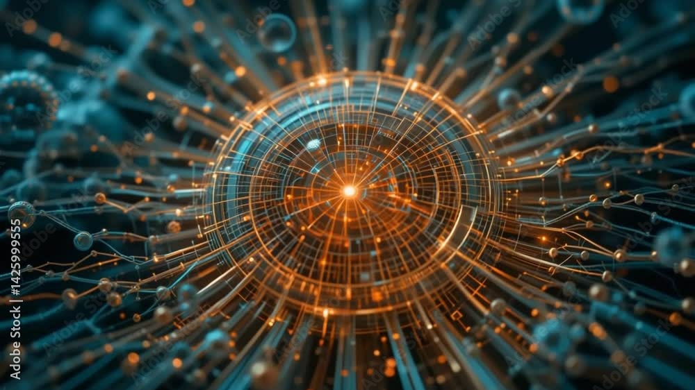 Futuristic gen-4 turbo technology concept with interconnected lines and central glowing sphere