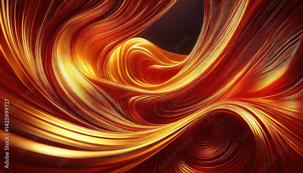 Fiery Abstract Wave Molten Gold Threads Ripple and Twist in a Mesmerizing 3D Render, Transforming the Dynamic Canvas with Intense Energy and Radiant Vibrancy