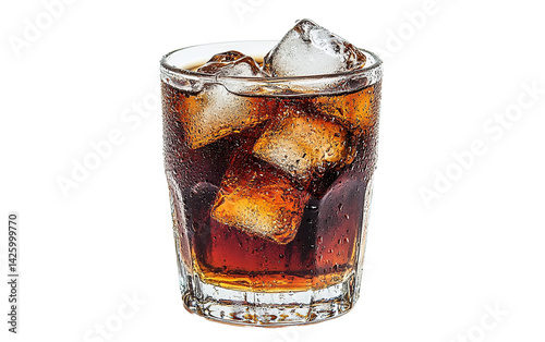 Glass of soda with ice cubes in it on transparent or white background