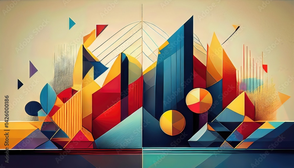 Abstract Geometric Art Financial Fortitude Depicted through Striking Geometrics, Expressing Economic Stability with Bold Vibrancy and Elegant Precision at Twilight.