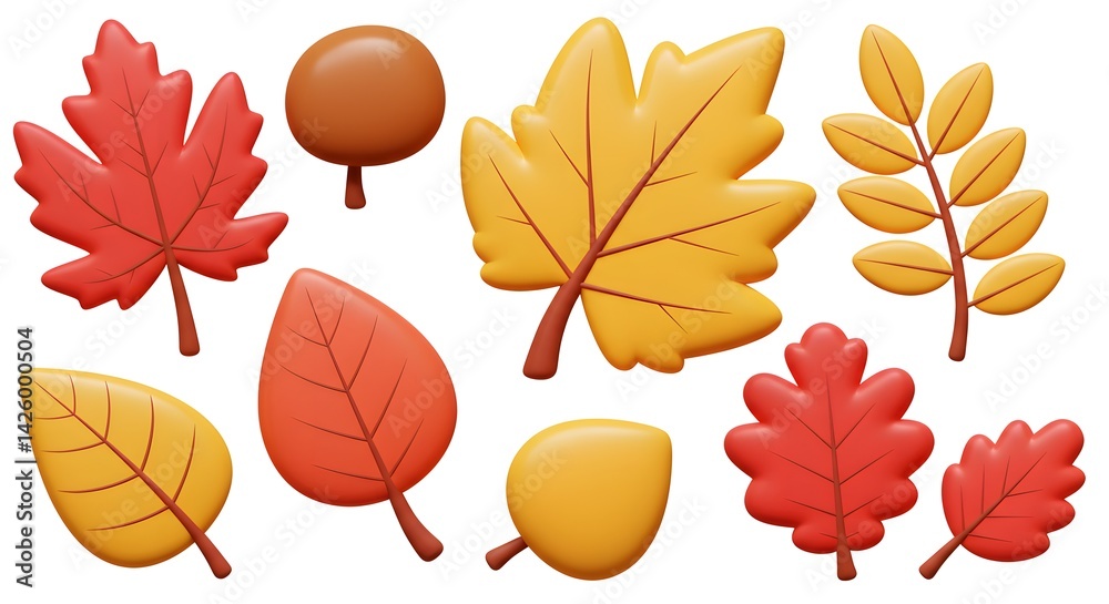 Fototapeta premium Ultimate 3D Autumn Elements Pack: Cartoonish Fall Leaves for Digital Art and Seasonal Illustrations
