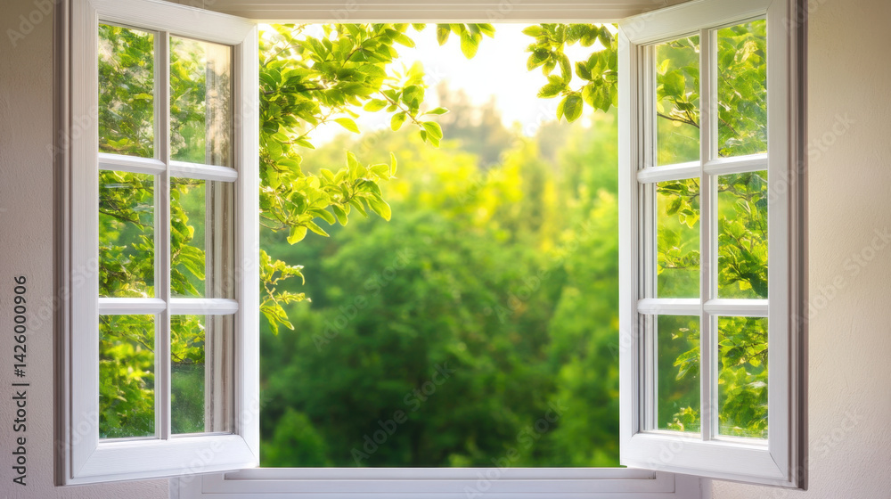 Naklejka premium serene view of open white PVC windows reveals lush green landscape outside, filled with vibrant leaves and soft sunlight filtering through. This peaceful scene evokes sense of tranquility