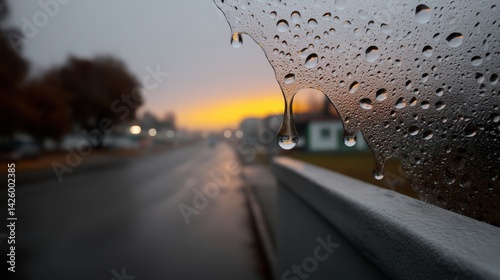 Fototapeta Naklejka Na Ścianę i Meble -  Rain droplets on windowpane during sunrise on a quiet street in a small town