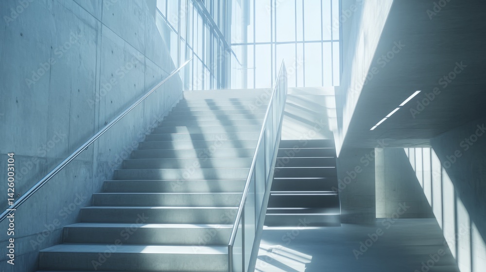 Bright daylight streaming onto a concrete staircase with a smooth silver metal railing in an open space Bright daylight streaming onto a concrete staircase with a smooth silver metal railing in an open space