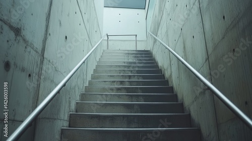 Elegant contrast between cold concrete stairs and a slim, industrial-style stainless steel railing