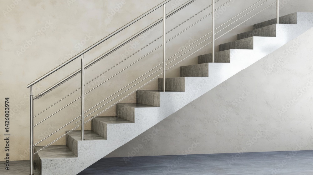 Obraz premium Industrial staircase with sturdy concrete steps and a polished metal railing, set against a neutral wall