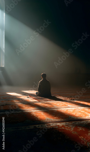 Serene silhouette spirituality person immersed in quiet contemplation with diffused light