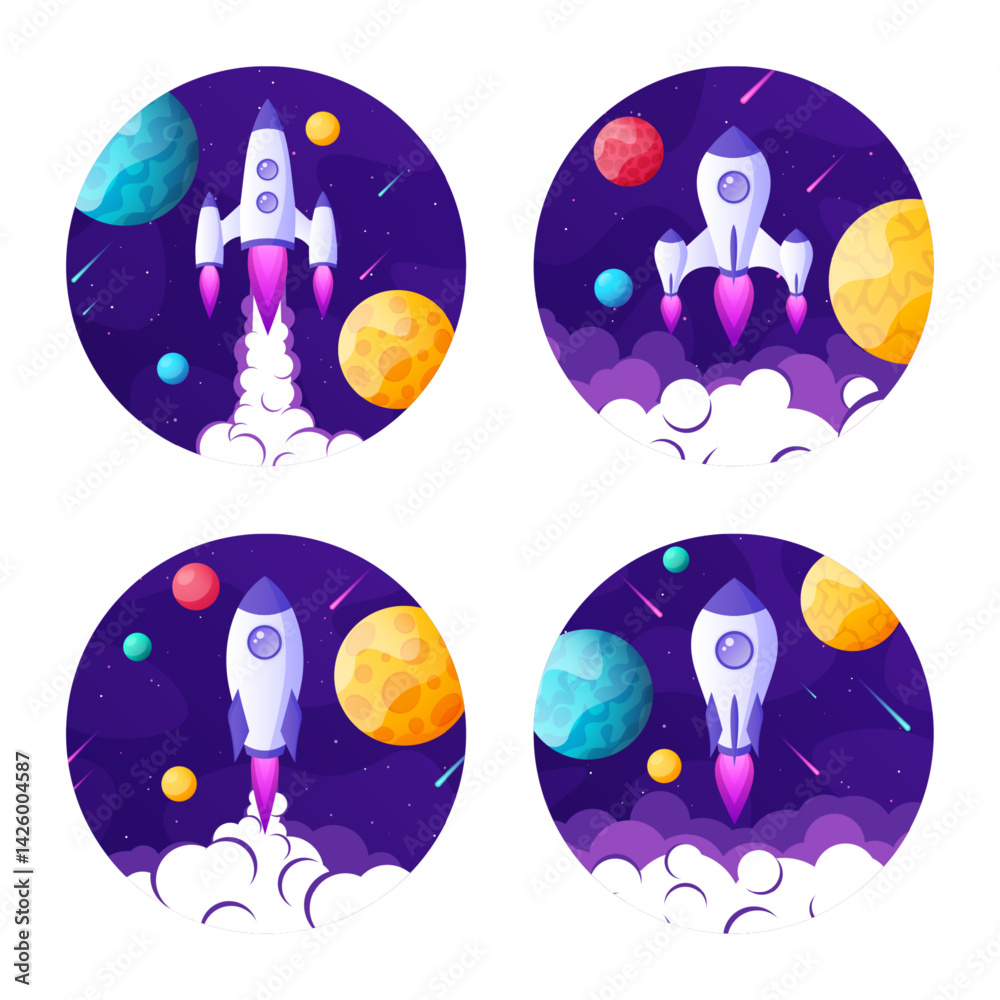 Rocket launch, space futuristic colorful background with planets and stars. Cartoon starship, spaceship in night sky. Solar system, galaxy and universe exploration. Vector illustration
