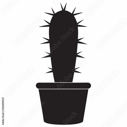Tall cactus with sharp spines and pot base silhouette vector illustration design isolated on white background 