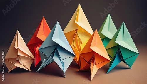 Origami Discussion under Soft Warm Lights, Folding Creative Ideas in a Minimalist Studio Setting, Showcasing Intricate Designs and Artistic Expression.