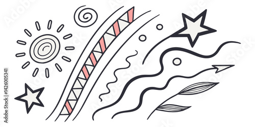 Abstract hand-drawn vector illustration with sunny skies, stars, rainbow lines, and whimsical wave elements in a playful minimal artistic style
