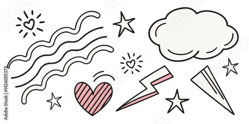 Whimsical hand-drawn sketch vector featuring clouds, lightning, hearts and stars conveying playful mood and decorative abstract emotion shapes