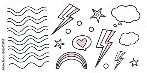Hand-drawn vector design with stars, rainbow, clouds and dynamic abstract elements forming a minimal and artistic doodle composition