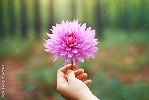 Pink flower in a hand. Symbol of generosity, hope, care. Spiritual concept 