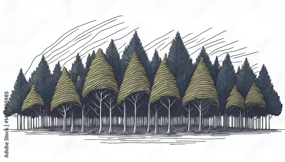 Vibrant Forest Illustration A Lush OneLine Canopy with Dense Trees, Embracing a Rich Palette of Greens and Earthy Hues, Perfect for Digital Art, Home Decor, or Design Inspiration.