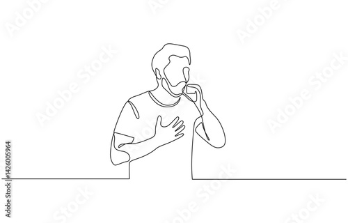 Continuous line drawing of handsome man is suffering with cough and feeling bad, One line drawing of man suffer cough and holding cest, vector illustration.
