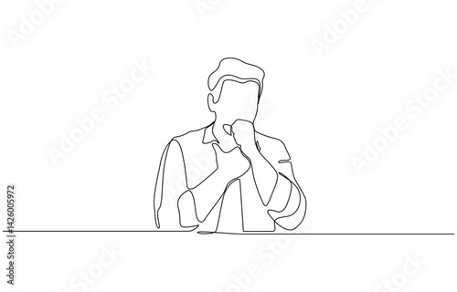 Continuous line drawing of handsome man is suffering with cough and feeling bad, One line drawing of man suffer cough and holding cest, vector illustration.