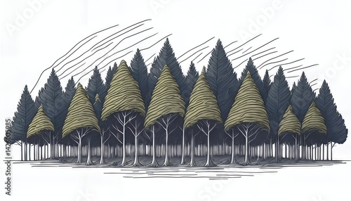 Vibrant Forest Illustration A Lush OneLine Canopy with Dense Trees, Embracing a Rich Palette of Greens and Earthy Hues, Perfect for Digital Art, Home Decor, or Design Inspiration.