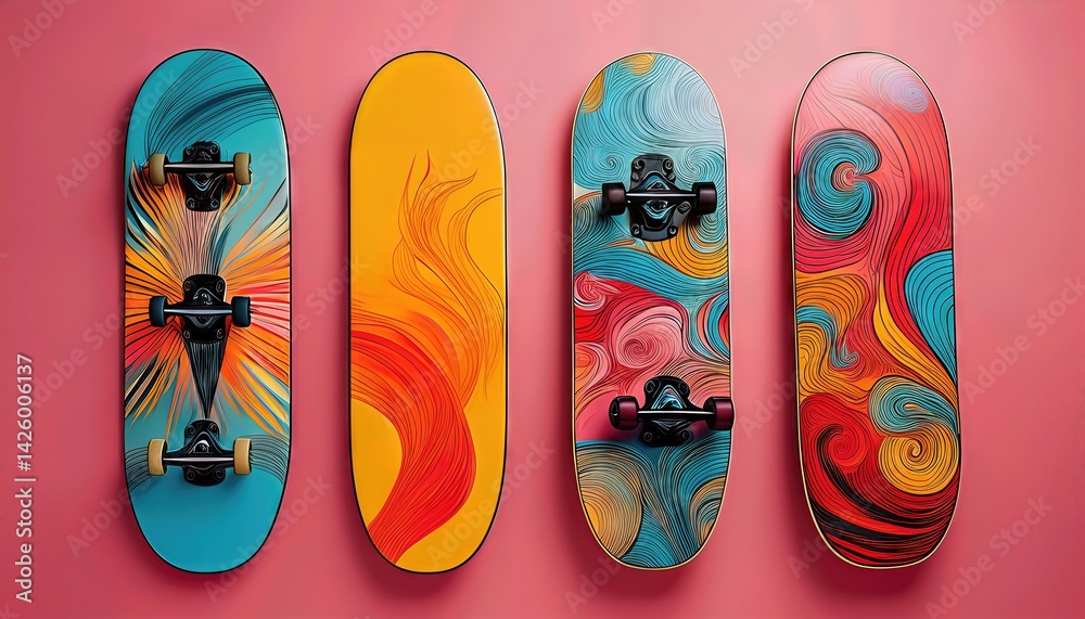 Four Pop Art Skateboard Decks Showcasing Vibrant Colors and Playful Shapes in a Lively Mood, Perfect for Digital Art, Home Decor, or Design Inspiration