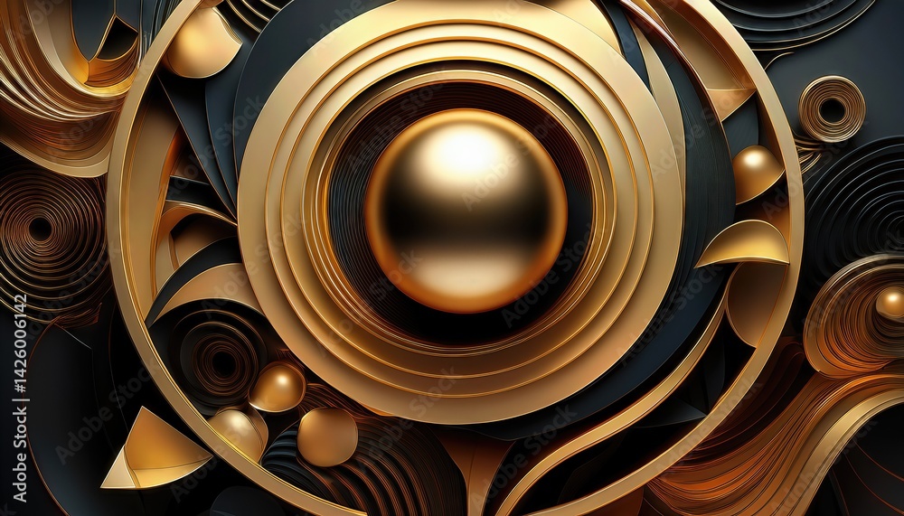 Radiant Gold Sphere Amidst Fractal Landscape of Abstraction, Exploring the Interplay between Geometry and Luminescence.