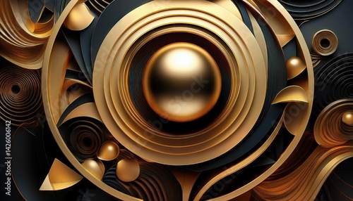 Obraz na płótnie Radiant Gold Sphere Amidst Fractal Landscape of Abstraction, Exploring the Interplay between Geometry and Luminescence. w salonie