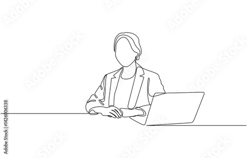Continuous line drawing of professional young business woman using mobile laptop computer, Single continuous line drawing of Stressed employee while working in front of laptop.
