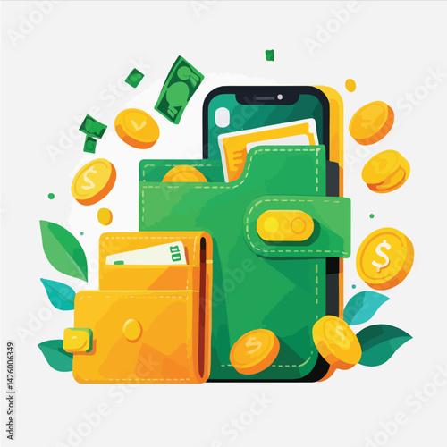 digital wallet icon with money and product items emerging from inside