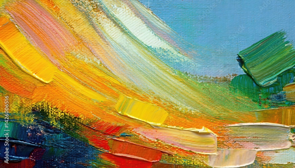 Fragment from a textured painted canvas at Vibrant Abstraction, Embracing Textures and Colors, Evoking Sensations of Tranquility and Creativity.