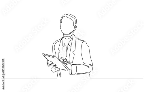Continuous line drawing of professional young business woman using mobile laptop computer, Single continuous line drawing of Stressed employee while working in front of laptop.
