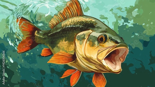 Colorful Illustration of a Freshwater Perch Underwater with Vibrant Fins and Open Mouth